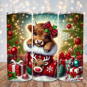 Christmas Highland Tumbler, Cute Highland Cow Christmas Tumbler